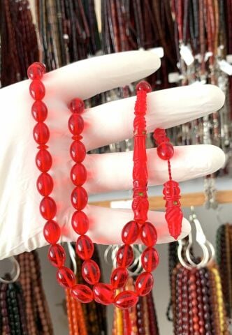 TAŞLI İMAME İŞLEMELİ KIRMIZI ATEŞ KEHRİBAR TESBİH