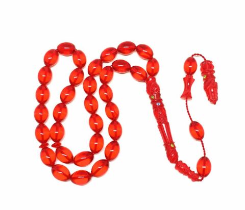 TAŞLI İMAME İŞLEMELİ KIRMIZI ATEŞ KEHRİBAR TESBİH