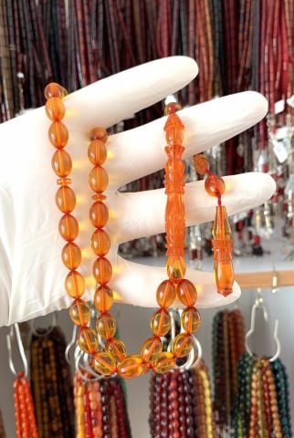 İMAME İŞLEMELİ SARI BEYZİ MODEL ATEŞ KEHRİBAR TESBİH