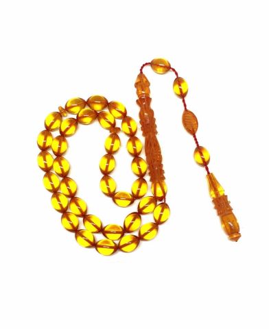 İMAME İŞLEMELİ SARI BEYZİ MODEL ATEŞ KEHRİBAR TESBİH