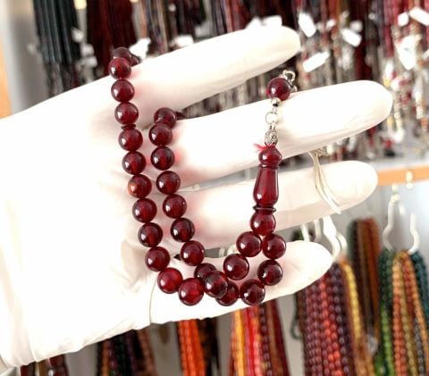 ATEŞ KEHRİBAR KIRMIZI EL BOY KÜRE KESİM TESBİH