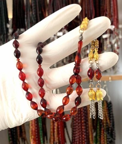 KIRMIZI RENK GEÇİŞLİ ARPA MODEL SIKMA KEHRİBAR TESBİH