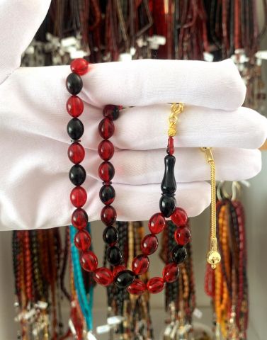 BEYZİ MODEL SIKMA KEHRİBAR KIRMIZI SİYAH TESBİH