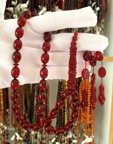 ÖZEL KALEM İŞLEMELİ İMAME KIRMIZI ZAR MODEL KEHRİBAR TESBİH