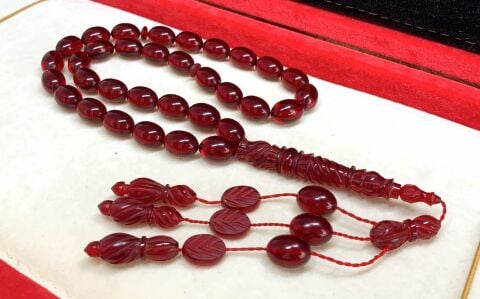 ÖZEL KALEM İŞLEMELİ İMAME KIRMIZI ZAR MODEL KEHRİBAR TESBİH