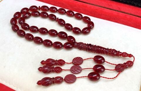 ÖZEL KALEM İŞLEMELİ İMAME KIRMIZI ZAR MODEL KEHRİBAR TESBİH