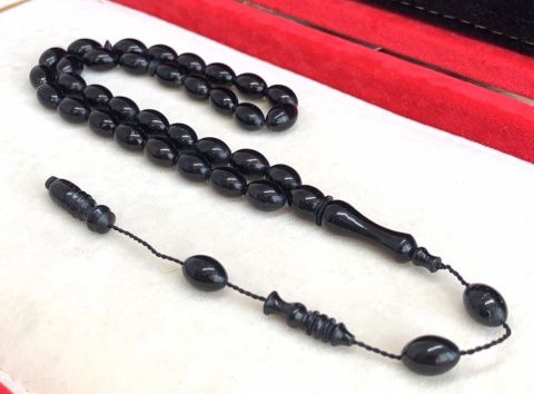 ATEŞ KEHRİBAR SİYAH KIRMIZI İRİ BEYZİ MODEL TESBİH