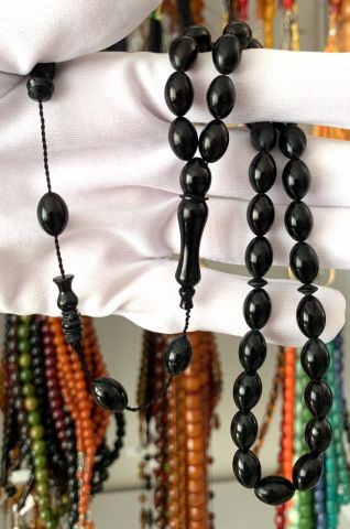 ATEŞ KEHRİBAR SİYAH KIRMIZI İRİ BEYZİ MODEL TESBİH