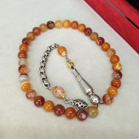 DOĞAL TAŞ AKİK TESBİH-ALPAKA PÜKÜLLÜ