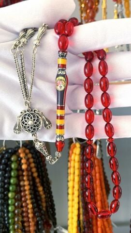 ATEŞ KEHRİBAR KIRMIZI RESİM İMAMELİ GÜMÜŞ PÜSKÜLLÜ TESBİH