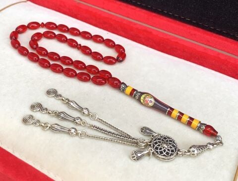 ATEŞ KEHRİBAR KIRMIZI RESİM İMAMELİ GÜMÜŞ PÜSKÜLLÜ TESBİH