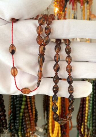 ATEŞ KEHRİBAR SİMLİ KARIŞIK  RENKLİ BEYZİ MODEL TESBİH