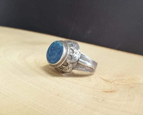 YÜZÜK MAVİ ESKİ YAZILI TAŞLI GÜMÜŞ YÜZÜK