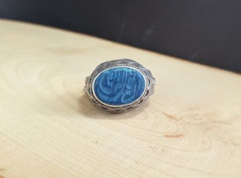 YÜZÜK MAVİ ESKİ YAZILI TAŞLI GÜMÜŞ YÜZÜK