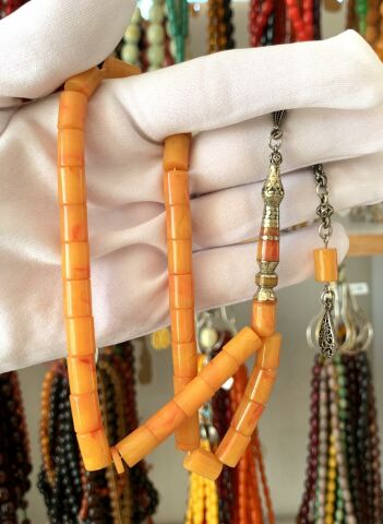 PİRİNÇ İŞLEME İMAMELİ SARI SIKMA   KEHRİBAR TESBİH