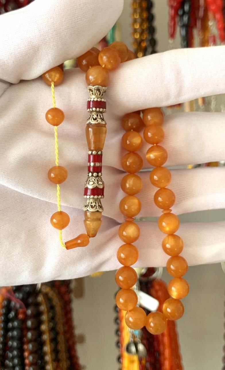 PİRİNÇ İŞLEME İMAMELİ SARI SEDEFLİ SIKMA KEHRİBAR TESBİH