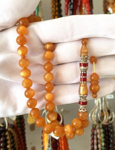 PİRİNÇ İŞLEME İMAMELİ SARI SEDEFLİ SIKMA KEHRİBAR TESBİH