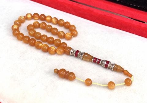 PİRİNÇ İŞLEME İMAMELİ SARI SEDEFLİ SIKMA KEHRİBAR TESBİH