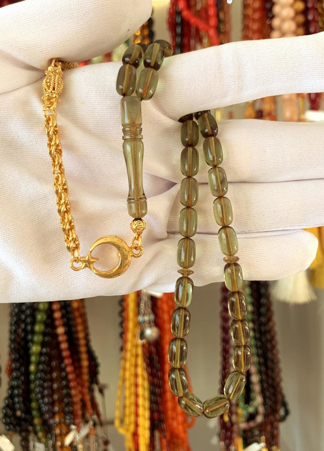 YEŞİL AY YILDIZ PÜSKÜLLÜ  ATEŞ KEHRİBAR TESBİH