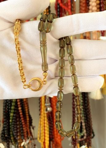 YEŞİL AY YILDIZ PÜSKÜLLÜ  ATEŞ KEHRİBAR TESBİH