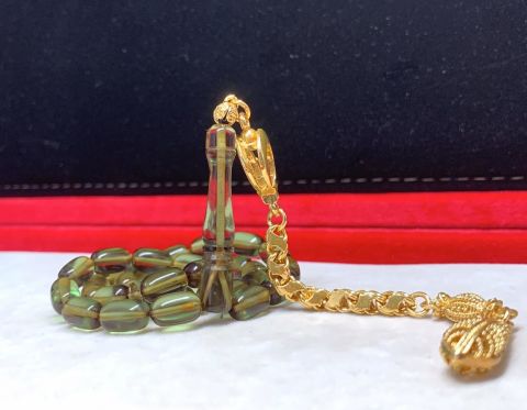 YEŞİL AY YILDIZ PÜSKÜLLÜ  ATEŞ KEHRİBAR TESBİH