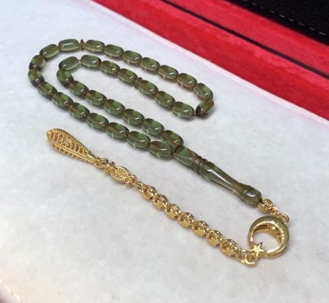 YEŞİL AY YILDIZ PÜSKÜLLÜ  ATEŞ KEHRİBAR TESBİH