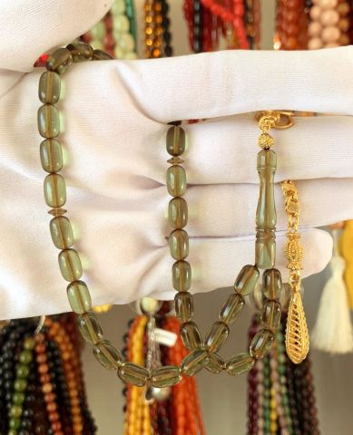 YEŞİL AY YILDIZ PÜSKÜLLÜ  ATEŞ KEHRİBAR TESBİH