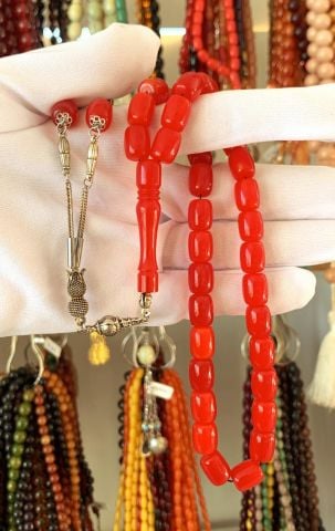 KIRMIZI İNCE HARELİ ZAR KEHRİBAR TESBİH