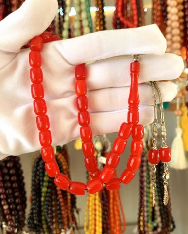 KIRMIZI İNCE HARELİ ZAR KEHRİBAR TESBİH