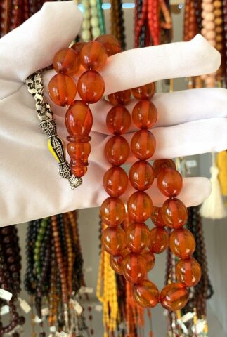 İRİ BOY BAL RENGİ  BEYZİ MODEL  ZAR KEHRİBAR TESBİH