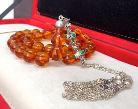 İRİ BOY BAL RENGİ ATEŞ  KEHRİBAR TESBİH