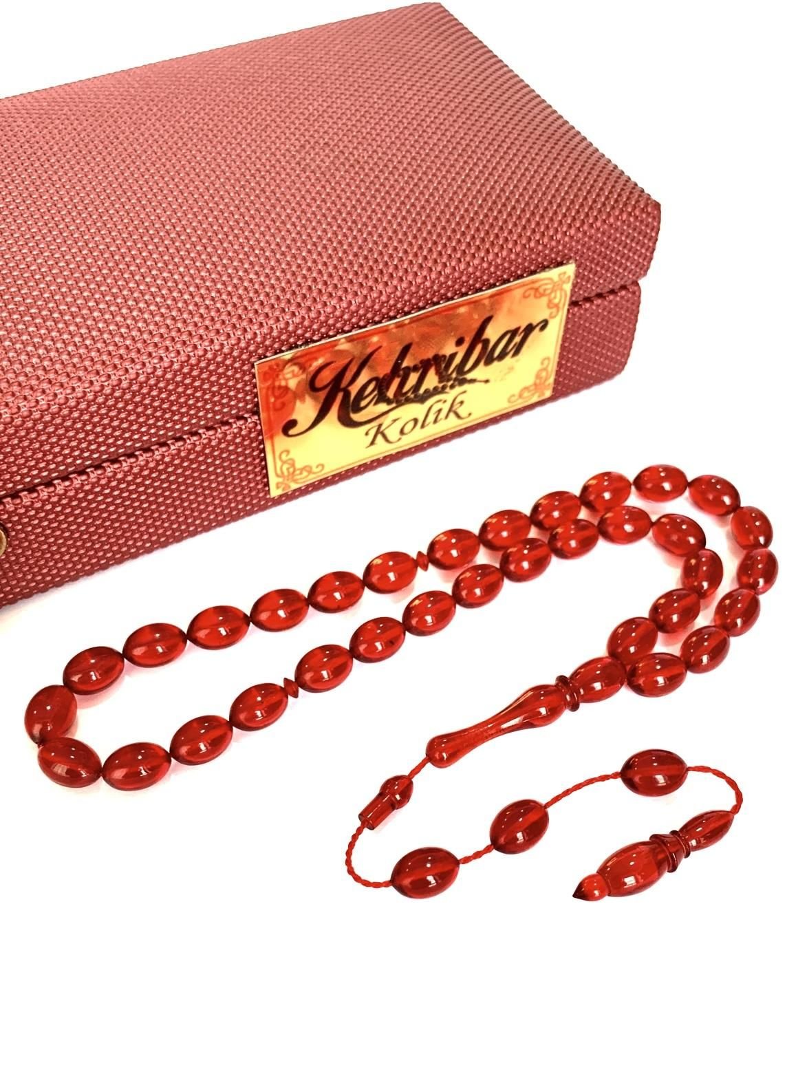 ATEŞ KEHRİBAR TESBİH SİSTEMLİ AÇIK KIRMIZI BEYZİ MODEL