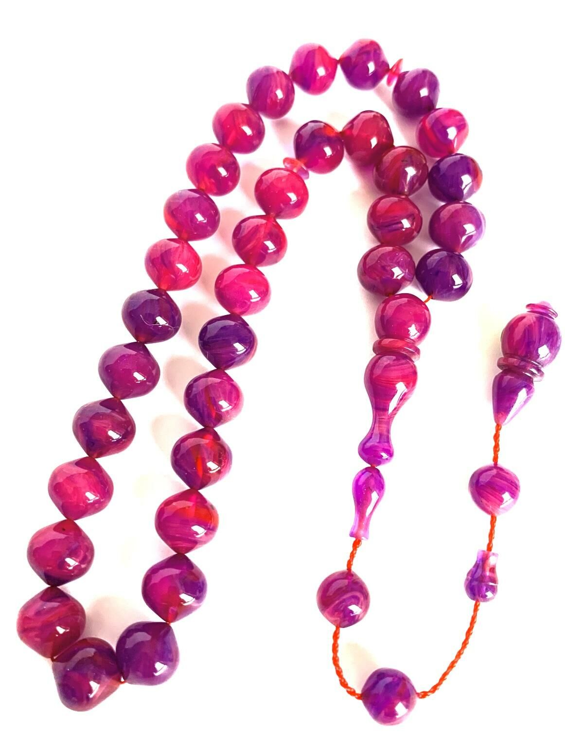 ATEŞ KEHRİBAR TESBİH SİSTEMLİ PEMBE - MOR BASIK KÜRE MODEL