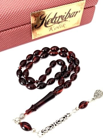 ATEŞ KEHRİBAR TESBİH  KIRMIZI ARPA MODEL PÜSKÜLLÜ