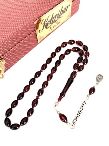 ATEŞ KEHRİBAR TESBİH  KIRMIZI ARPA MODEL PÜSKÜLLÜ