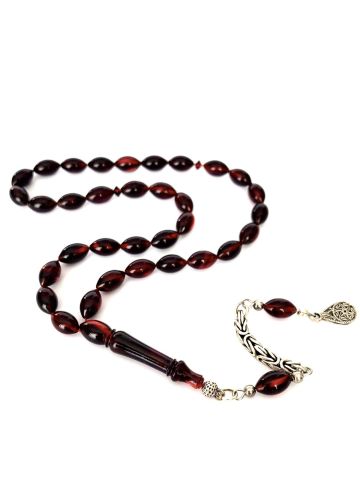 ATEŞ KEHRİBAR TESBİH  KIRMIZI ARPA MODEL PÜSKÜLLÜ