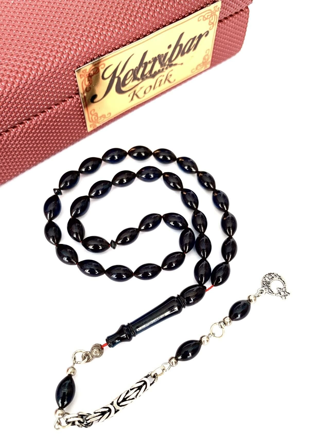 ATEŞ KEHRİBAR TESBİH  LACİVERT ARPA MODEL PÜSKÜLLÜ