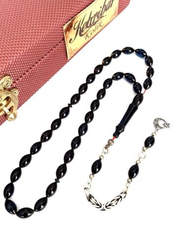 ATEŞ KEHRİBAR TESBİH  LACİVERT ARPA MODEL PÜSKÜLLÜ