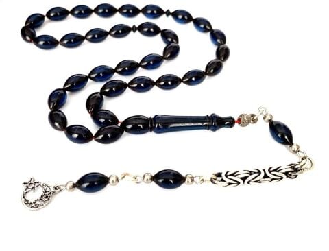 ATEŞ KEHRİBAR TESBİH  LACİVERT ARPA MODEL PÜSKÜLLÜ