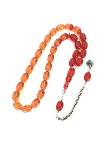 ATEŞ KEHRİBAR TESBİH SARI - KIRMIZI KAPSÜL MODEL GÜMÜŞ PÜSKÜLLÜ