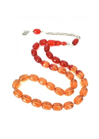 ATEŞ KEHRİBAR TESBİH SARI - KIRMIZI KAPSÜL MODEL GÜMÜŞ PÜSKÜLLÜ