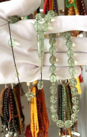 AÇIK YEŞİL SİMLİ ATEŞ KEHRİBAR TESBİH