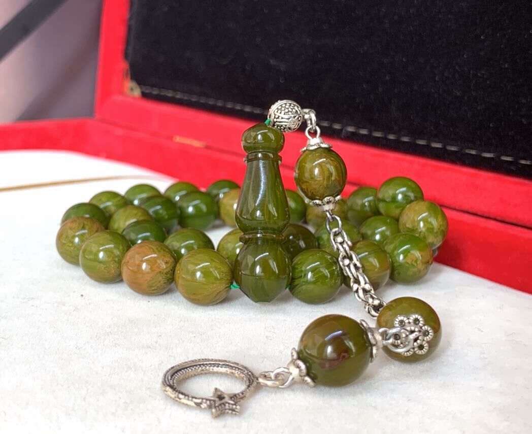 YEŞİL HARELİ  SIKMA KEHRİBAR TESBİH