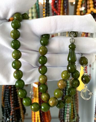 YEŞİL HARELİ  SIKMA KEHRİBAR TESBİH