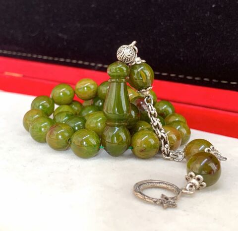 YEŞİL HARELİ  SIKMA KEHRİBAR TESBİH