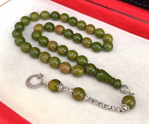 YEŞİL HARELİ  SIKMA KEHRİBAR TESBİH