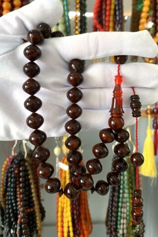 KAHVERENGİ KIRMIZI  HARELİ İRİ BOY SIKMA KEHRİBAR TESBİH