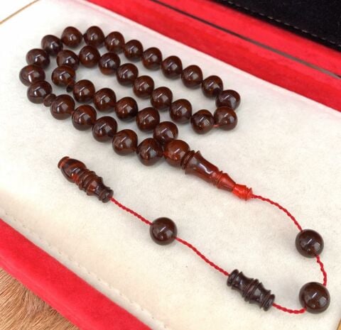 KAHVERENGİ KIRMIZI  HARELİ İRİ BOY SIKMA KEHRİBAR TESBİH