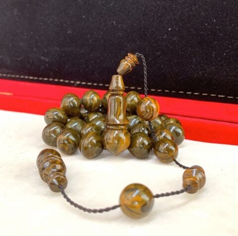 YEŞİL TURUNCU HARELİ İRİ BOY SIKMA KEHRİBAR TESBİH