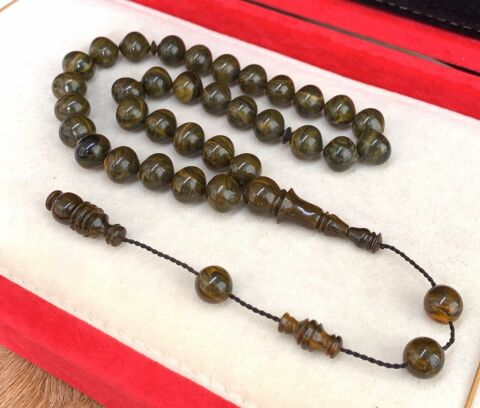 YEŞİL TURUNCU HARELİ İRİ BOY SIKMA KEHRİBAR TESBİH